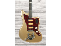 Fender  Gold Foil Jazzmaster Ebony Fingerboard Shoreline Gold B-Stock - Cuerpo: Caoba, Mástil: Arce, Construcción: atornillada, Escala: Ébano, Incrustaciones: bloque perlado blanco, Longitud de escala: 648 mm (25,5