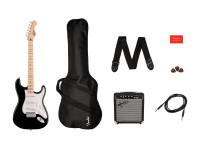 Fender Squier Sonic Stratocaster Pack Black - Squier Sonic Stratocaster, Amplificador Squier Frontman 10G, Funda acolchada, cable de instrumento, correa, lengüetas, Suscripción de 3 meses a Fender Play, 