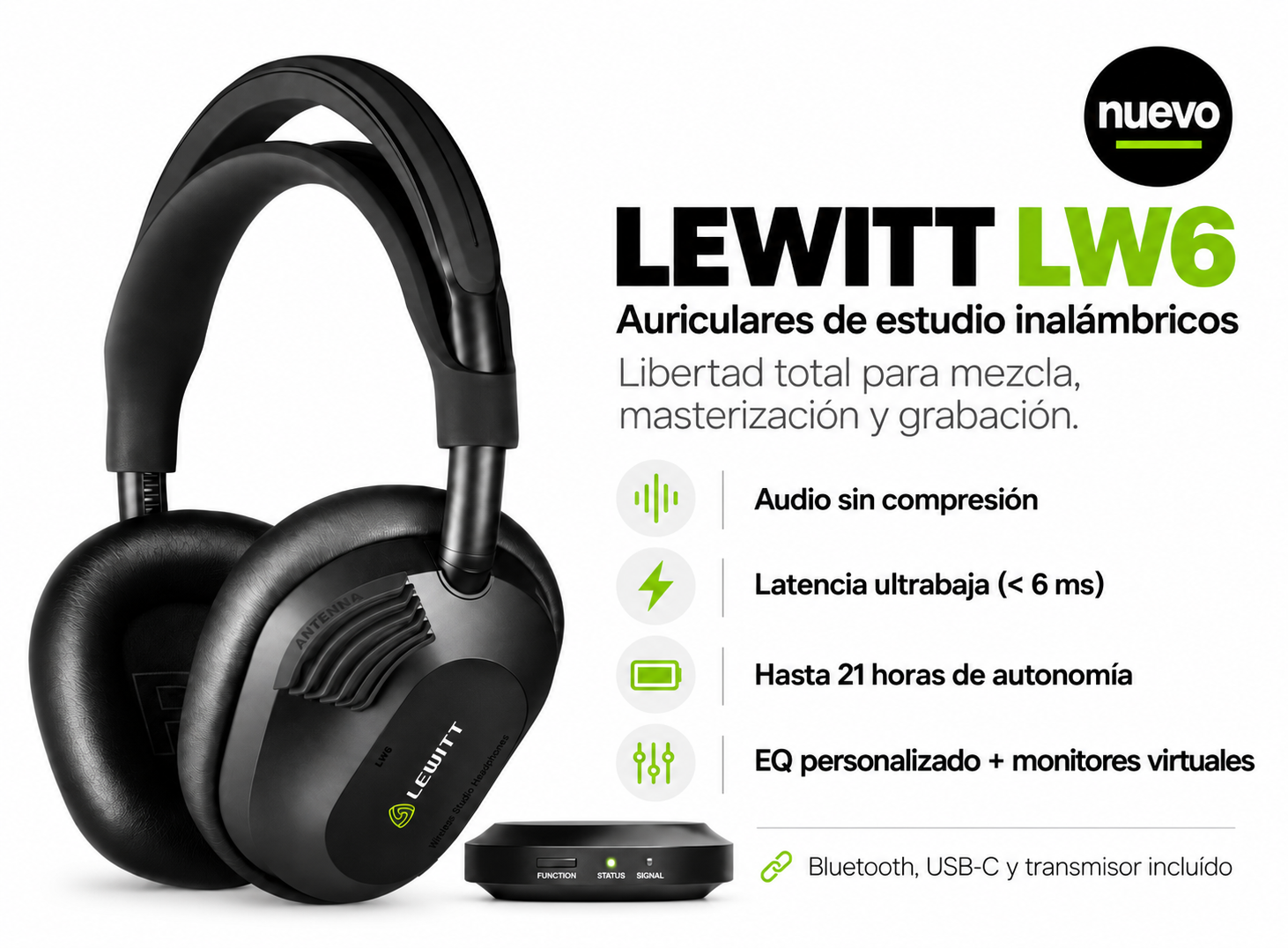 Lewitt LW6 Wireless – Auriculares de Estudio de Alta Fidelidad - 32 Ohm