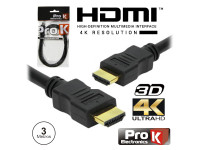 ProK   Cabo HDMI Dourado Macho / Macho 2.0 4k Preto 3m  - Cable HDMI 2.0 ULTRA HD 4K Alta resolución 3D, HDMI macho / HDMI macho, tecnología HDMI2.0, La versión HDMI 2.0 permite un tráfico de hasta 18 Gbps, Admite resoluciones desde 3840x2160 hasta 60 fps...