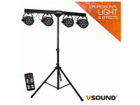 Compatible con 4 proyectores PAR y 4 LED RGBW VSOUND de 12 LED. - Soporte para 4 proyectores PAR, Cada proyector incluye 12 LED RGBW., Modos de control: Automático, Sonido, Remoto y DMX512, Ángulo del haz de 25º, Ajuste de intensidad de 0 a 100%, Potencia total d...