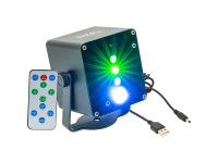 TINYLED-LASRGB - 1x 3w (LED RGB 3 en 1), Láser RGB de 10 mW, Batería recargable, Incluido: Mando a distancia y cable de carga de batería, 
